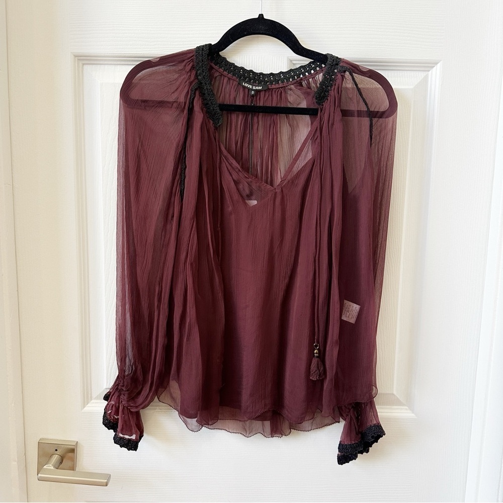 NWT Love Sam Crochet Trim Sheer Long Sleeve Chiffon Top in Merlot Size S